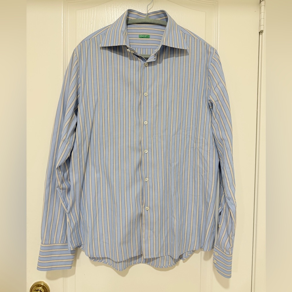 United Colors of Benetton Blue Yellow Stripe Button Down Shirt Unisex M/L